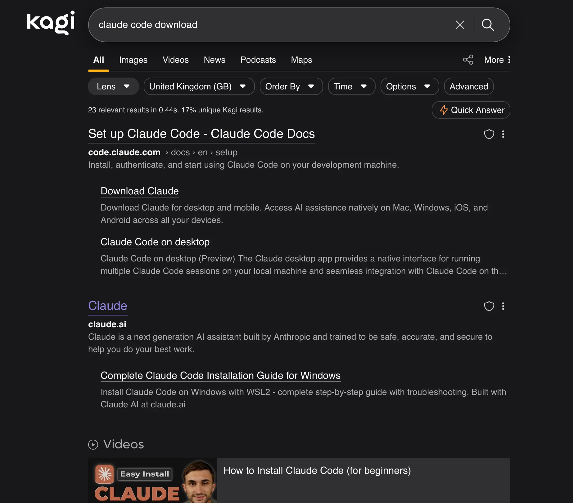 Kagi search results
